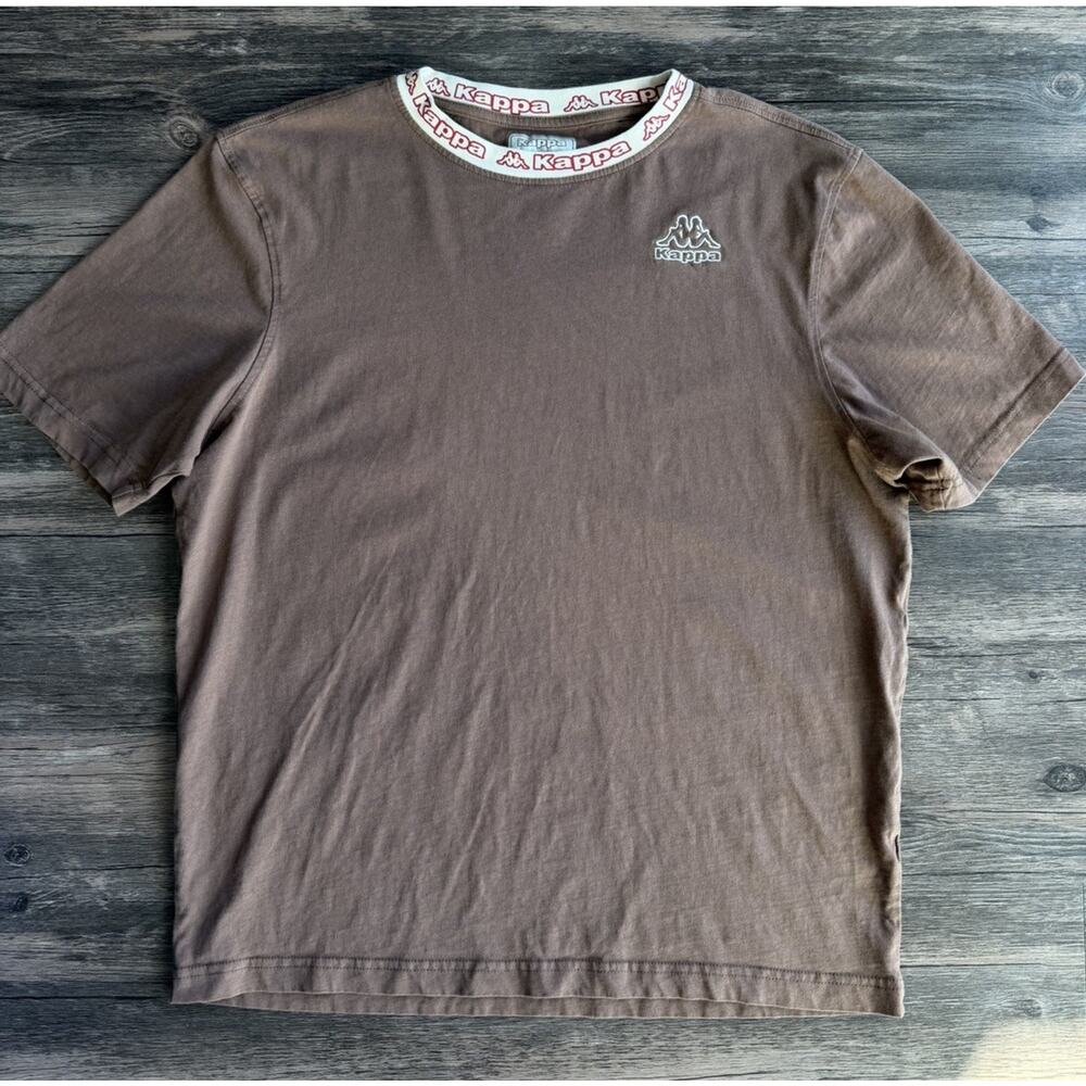 Kappa T Shirt Mens L Brown Logo Tape Collar Streetwear Athletic Short Sleeve